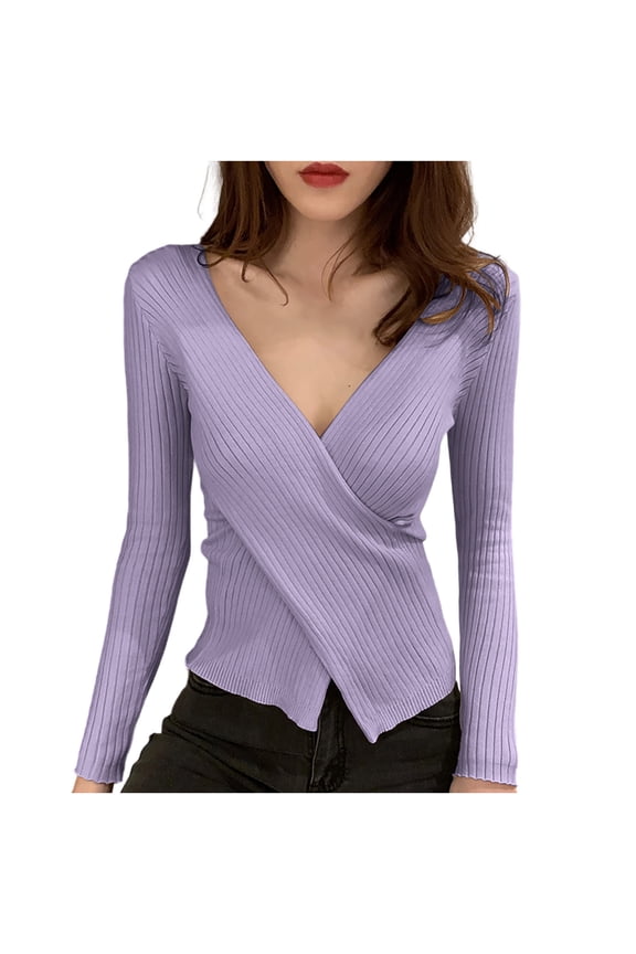 V Neck Long Sleeve Shirts for Women Solid Color Casual Fall Slim Tops Lightweight Tunic Cross Sweaters Fashion Clothes Purple Free Size(Free Size)