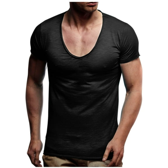 Miluxas V Neck T Shirts Mens Scoop Neck Short Sleeve Slim Fit Basic Tee Casual Top Black XL(XL)