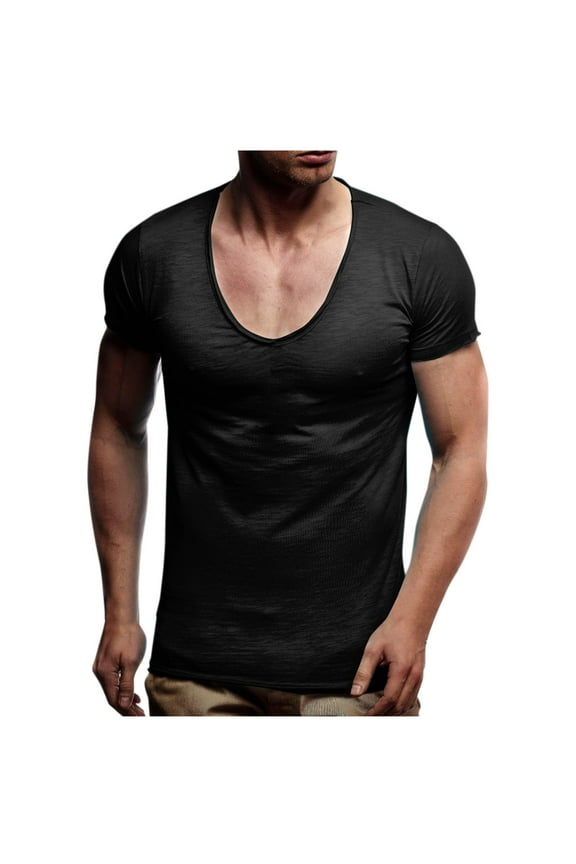 V Neck T Shirts Mens Scoop Neck Short Sleeve Slim Fit Basic Tee Casual Top Black XL(XL)