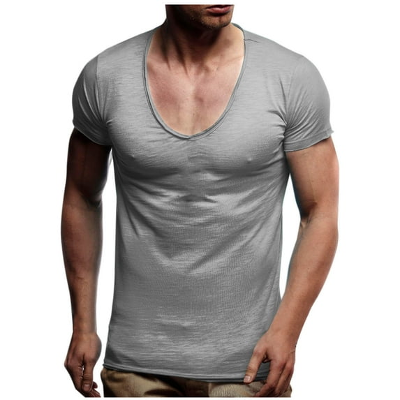 Miluxas V Neck T Shirts Mens Scoop Neck Short Sleeve Slim Fit Basic Tee Casual Top Gray M(M)