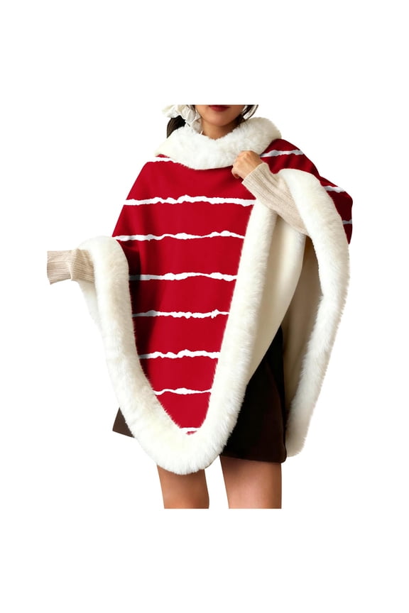 Versatile Women's Shawl Wrap – Soft Warm Stripe Printed Homewear Fuzz Sleeveless Poncho Cape Scarf for Fall Winter Red Free Size