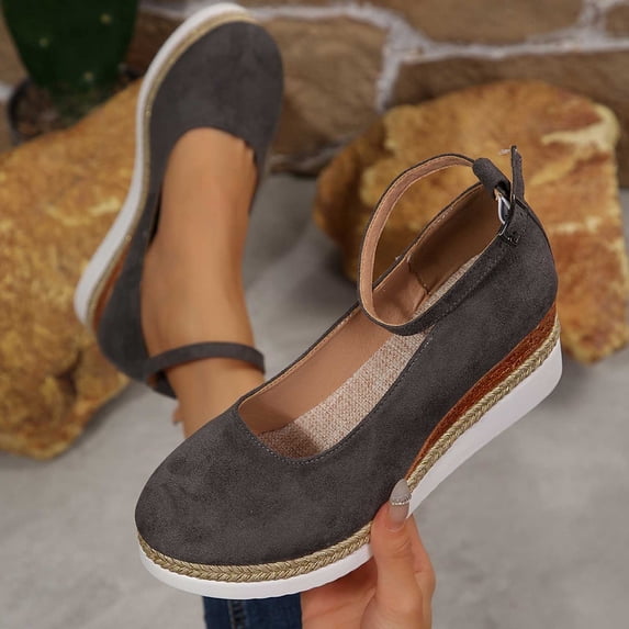 Miluxas Vintage Closed Toe Mary Jane Wedge Shoes, Suede Ankle Buckle Strap Espadrille Platform Sneakers, Comfort Non Slip Work Shoes for office Gray 9.5(43)