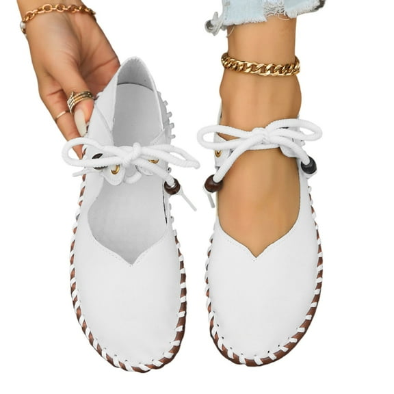 Miluxas Vintage Slip On Loafers Walking Shoes Retro Soft Comfortable Leather Wide Round Toe Wedge Low Heels Slip On Flats Casual Dress Flats White 6.5(38)