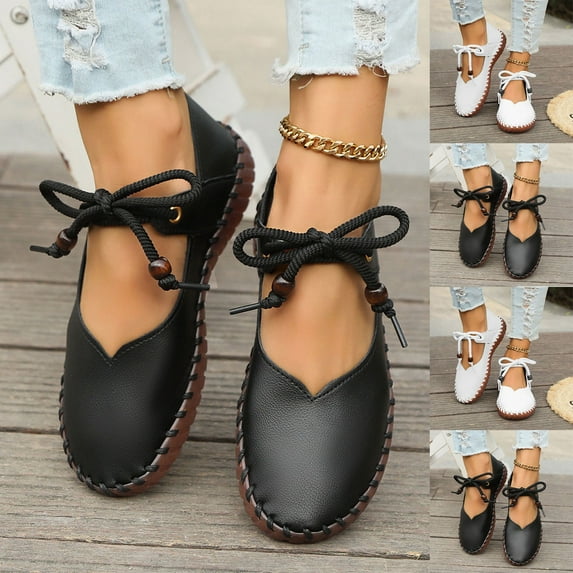 Miluxas Vintage Slip On Loafers Walking Shoes Retro Soft Comfortable Leather Wide Round Toe Wedge Low Heels Slip On Flats Casual Dress Flats White 9.5(43)