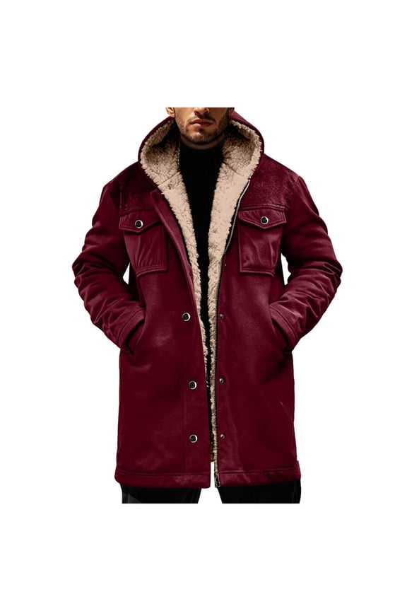 Vintage Suede Pocket Plush Reversed Collar Mens Outdoor Jacket Coat Retro Fashion Tops Warm Winter Shacket Outerwear Wine