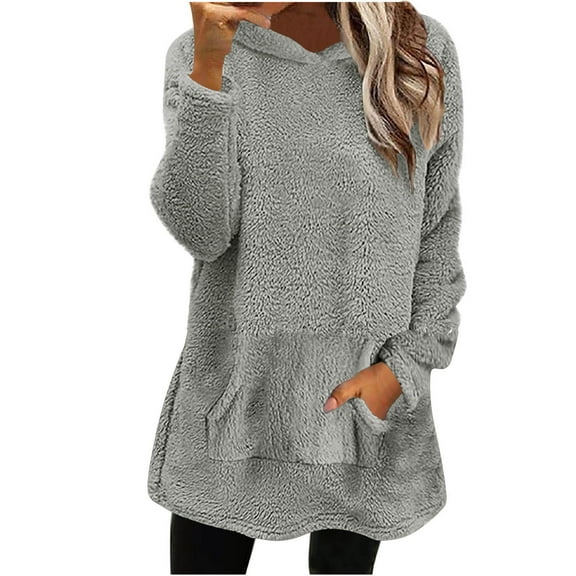 Miluxas Warm Fleece Sweater for Women, Fuzzy Hooded Solid Casual Ladies Sweaters Pullover with Pockets Gray XXL(XXL)
