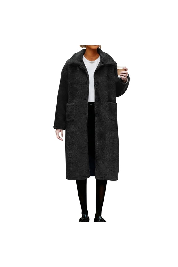 Warm Jackets for Women Winter Fuzzy Fleece Lapel Outerwear Soft Cardigan Long Coat Black L(L)