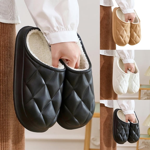 Miluxas Waterproof Leather Warm Slippers - Non-Slip Indoor Outdoor Comfy Soft Slippers for Women Men White 10-10.5(44)