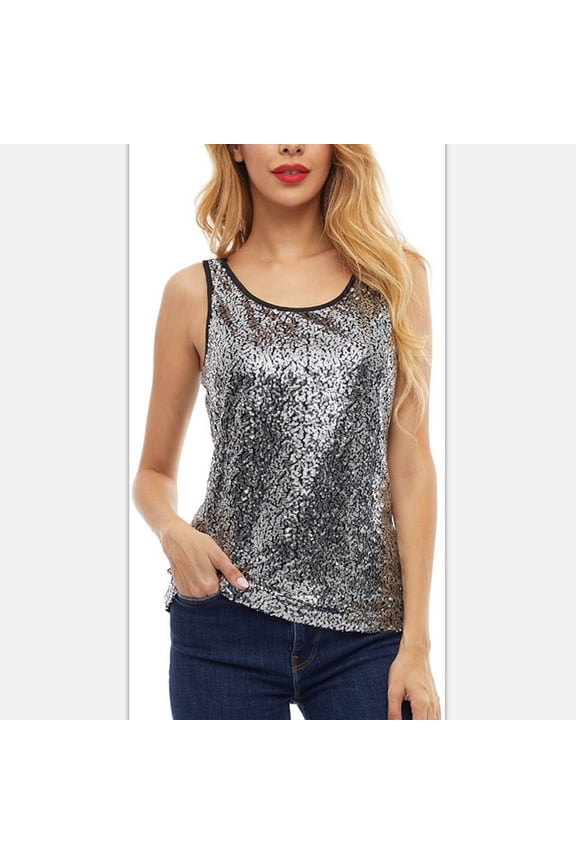Wedding Guest Clothing for Women Womens Sequin Tank Tops Casual Spaghetti Strap Sleeveless Sparkle Shimmer Camisole Tanks Tops Silver 10(XL)
