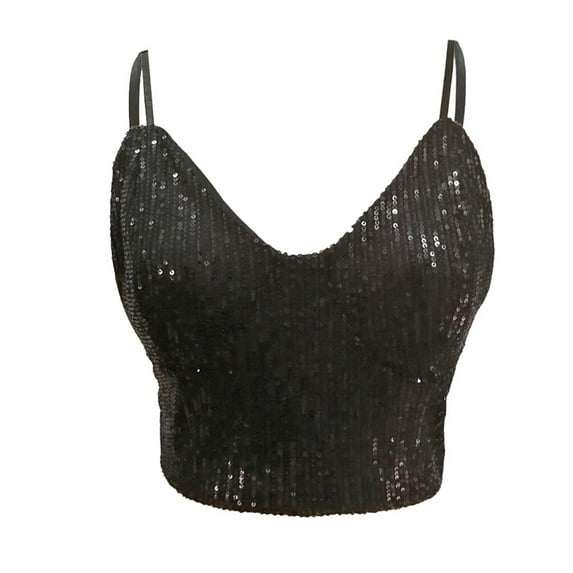 Miluxas Wedding Guest Clothing for Women Sequin Cami Top for Women's Spaghetti Strap Club Party Crop Tank Tops Clearance Black 2(XS)