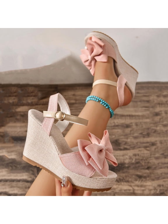 Wedge Sandals for Women Bow Platform Wedges Heels Open Toe Ankle Strap Summer Wedding Wedges Pink 5.5(36)