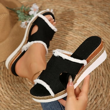 Miluxas Wedge Womens Sandals Clearance Wide Platform Slides Mule Sandals Slip on Wedge Sandals Espadrilles Dressy Comfortable Summer Black 9.5(43)