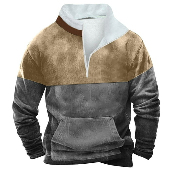 Miluxas Western Sweatshirts for Men Aztec Retro Pullover Quarter Zip Sweatshirt Mens Stitching Color Fleece Sweatshirt Gray