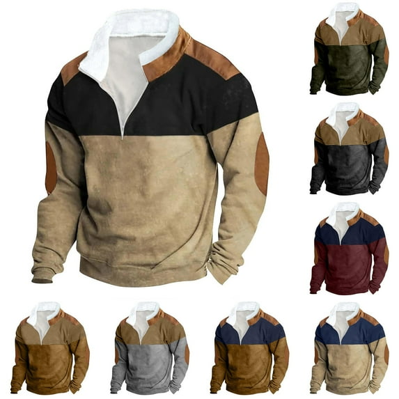 Miluxas Western Sweatshirts for Men Aztec Retro Pullover Quarter Zip Sweatshirt Mens Stitching Color Fleece Sweatshirt Wine