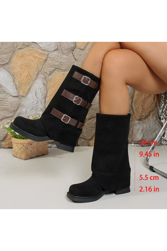 Wide Calf Fold over Knee High Boots for Women:Fashion Slouch Chunky Platform Booties Square Toe Platform Riding Boot Footwear Shoes Black 7(39)