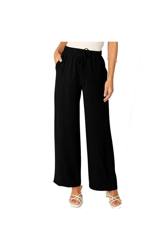 Wide Leg Pants Woman Cotton Linen High Waisted Pull on Flowy Casual Baggy Drawstring Palazzo Trousers Pants with Pockets Black 12(XXL)