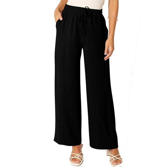 Miluxas Wide Leg Pants Woman Cotton Linen High Waisted Pull on Flowy Casual Baggy Drawstring Palazzo Trousers Pants with Pockets Black 8(L)