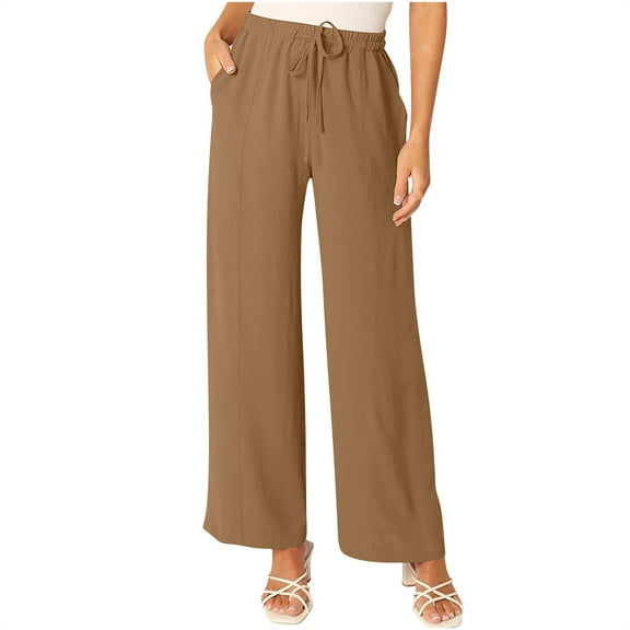 Miluxas Wide Leg Pants Woman Cotton Linen High Waisted Pull on Flowy Casual Baggy Drawstring Palazzo Trousers Pants with Pockets Khaki 4(S)