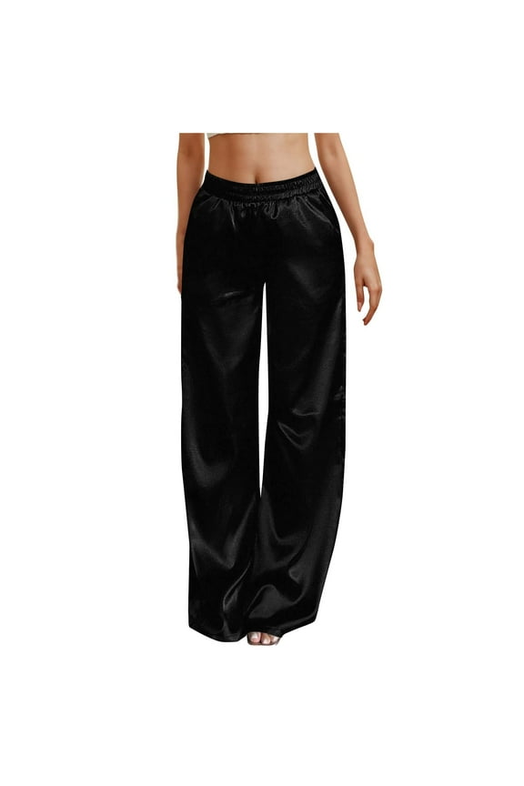Wide Leg Pants for Woman Stretchy Dressy Satin Pants Women Pull on Business Casual Trousers with Pocket Black 16-18(XL)