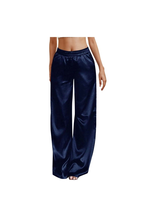 Wide Leg Pants for Woman Stretchy Dressy Satin Pants Women Pull on Business Casual Trousers with Pocket Dark Blue 4-6(S)