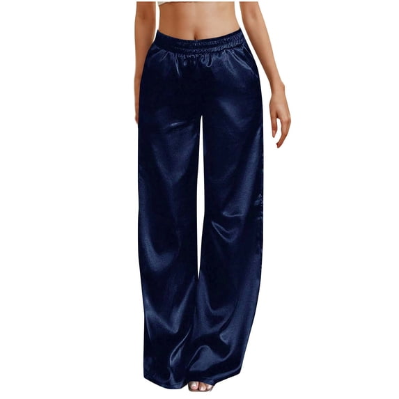 Miluxas Wide Leg Pants for Woman Stretchy Dressy Satin Pants Women Pull on Business Casual Trousers with Pocket Dark Blue 8-10(M)
