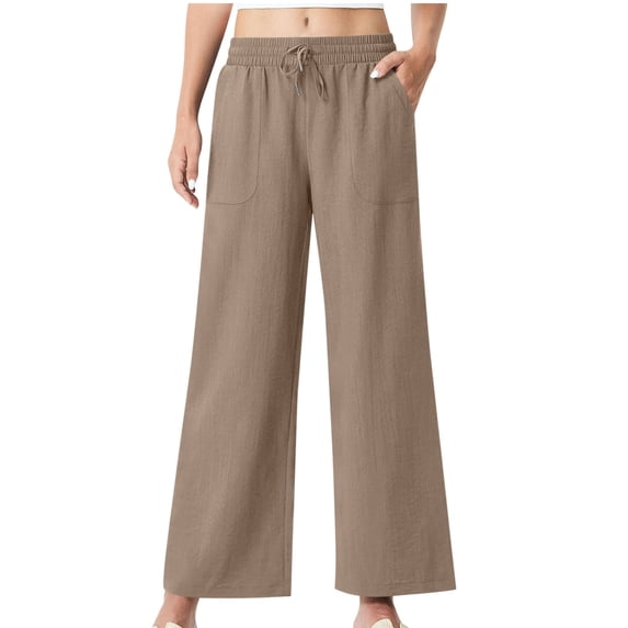 Miluxas Wide Leg Pants for Women Flowy Drawstring Elastic Waist Trousers with Pockets Summer Beach Vacation Clothes Khaki