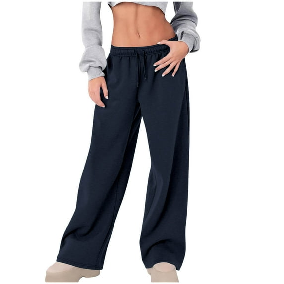 Miluxas Wide Leg Sweatpants for Women Trendy Fashion Solid Color High Waisted Drawstring Loose Long Pants Dark Blue M(M)