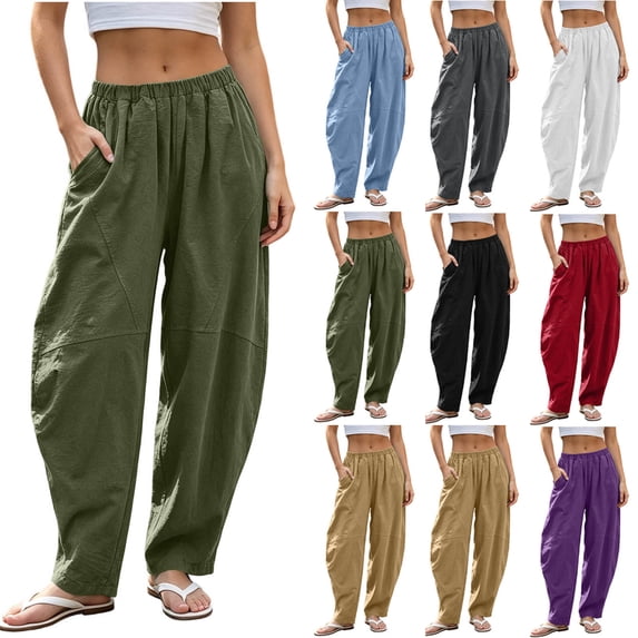 Miluxas Wide Leg Taperd Pants for Women Elastic High Waist Casual Loose Fit Trousers with Pockets Lightweight Hiking Harem Pants White