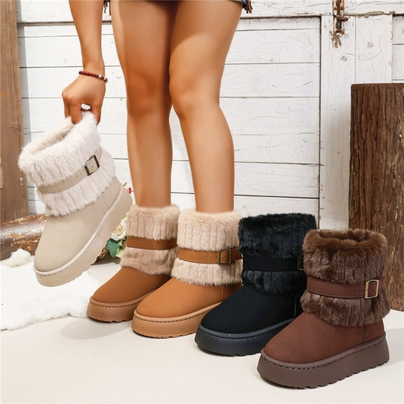 Miluxas Winter Boots Round Toe Platform Belt Slip On Ankle Booties Warm Non-Slip Lightweight Outdoor Wear Fleece Boots Khaki 9.5(43)