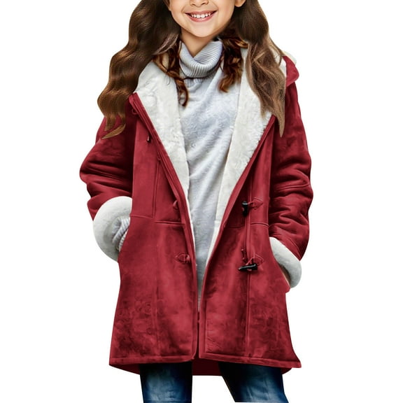 Miluxas Winter Coats for Girl Warm Fleece Jackets Button Down Sherpa Hooded Parka Peacoat Red 12 Years
