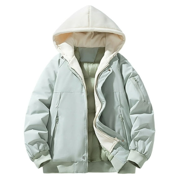Miluxas Winter Fake Two-piece Men's Cotton Jackets Casual Loose Contrasting Color Hooded Jacket Mint Green