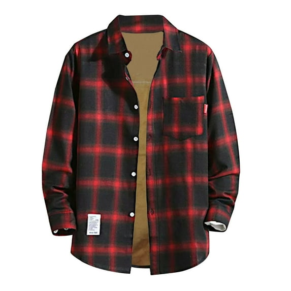 Miluxas Winter Jackets for Men Men's Plush Thick Warm Plaid Shirt Autumn and Winter Jacket Red 10(XL)