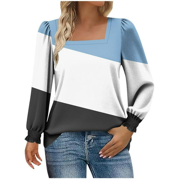 Miluxas Winter Long Sleeve Shirts for Women Blouses Dressy Color Block Casual Square Neck Puff Sleeve Tops T Shirts Light Blue XL(XL)