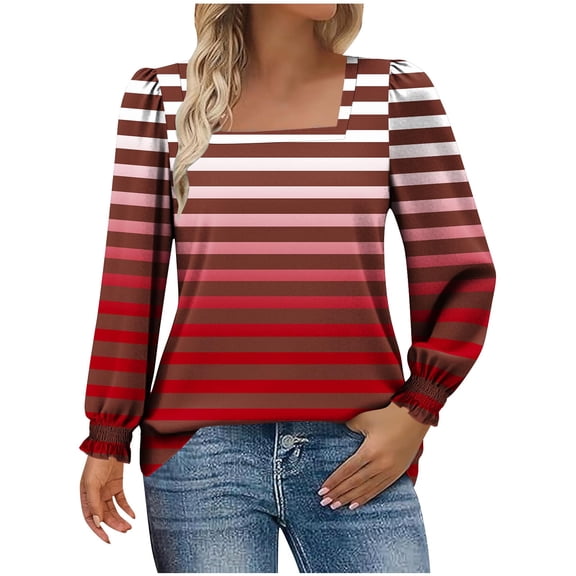 Miluxas Winter Long Sleeve Shirts for Women Blouses Dressy Color Block Striped Printed Casual Square Neck Puff Sleeve Tops T Shirts Red L(L)