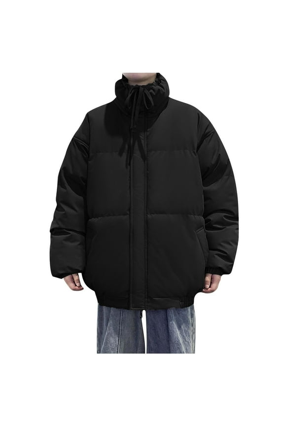 Winter Men Cotton Padded Jacket Solid Color Drawstring Hooded Thicken Coat Coldproof Pockets Jacket Black