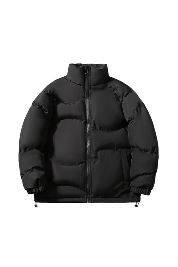 Winter Men Cotton Padded Jacket Solid Color Drawstring Hooded Thicken Coat Coldproof Pockets Jacket Black