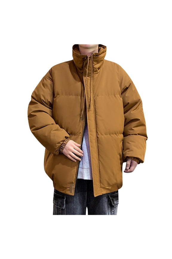 Winter Men Cotton Padded Jacket Solid Color Drawstring Hooded Thicken Coat Coldproof Pockets Jacket Brown