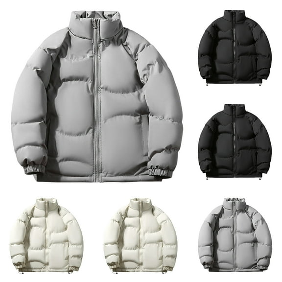 Miluxas Winter Men Cotton Padded Jacket Solid Color Drawstring Hooded Thicken Coat Coldproof Pockets Jacket White