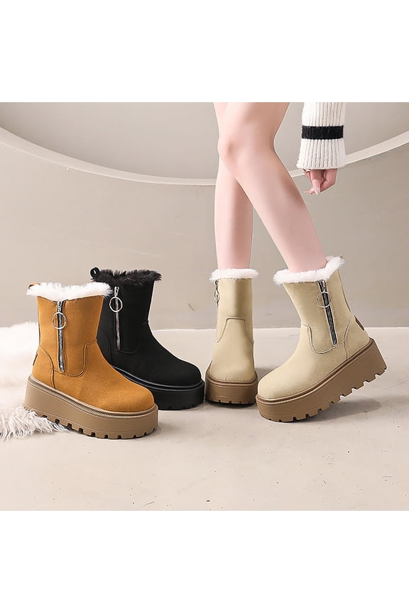 Winter Snow Boots for Women Warm Fleece Lined Ankle Booties Wide Calf Side Zipper Round Toe Boots Faux Suede Platform Booties Comfortable Outdoor Non-Slip Walking Boot Brown 7.5(40)