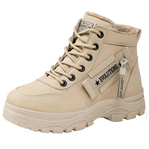 Miluxas Winter Snow Boots for Women Warm Fleece Lined Ankle Boots Comfortable Lace up Leather Booties Cute Flat Shoes Khaki 5.5(36)