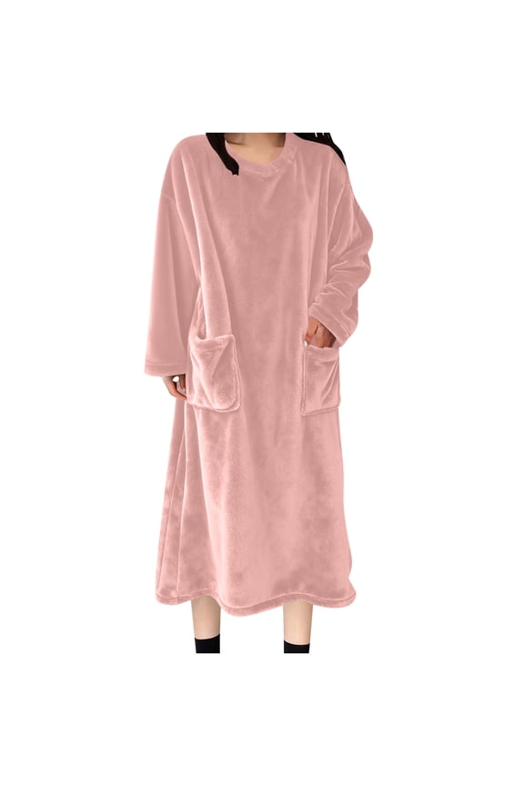 Winter Warm Fleece Nightgowns for Women Long Sleeve Full Length with Pockets Soft Flannel Pajama Night Dress Watermelon Red M(M)