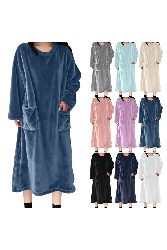 Winter Warm Fleece Nightgowns for Women Long Sleeve Full Length with Pockets Soft Flannel Pajama Night Dress Watermelon Red XL(XL)