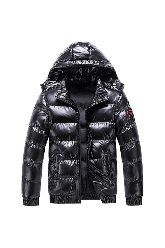 Winter Warm Men Puffer Coat with Hood,Shiny Hooded Reflective Padded Coat Plus Size Bomber Alternative Down Jacket Black