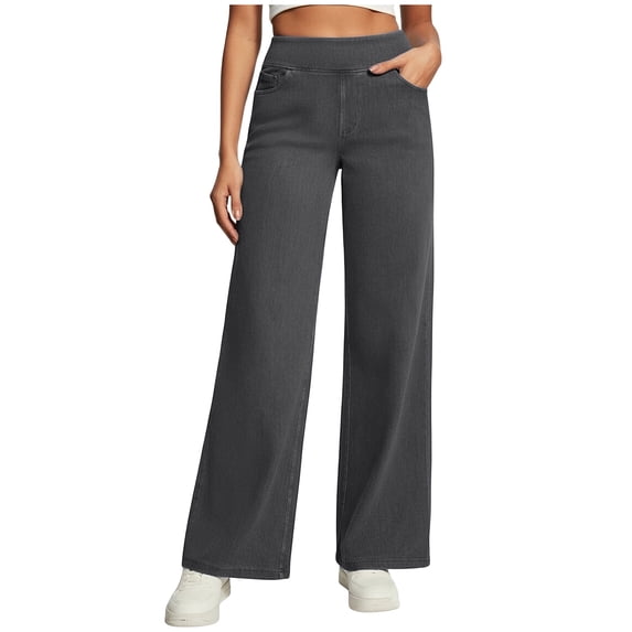 Miluxas Woman Straight Leg Jeans Casual Elastic High Waist Jeans for Yoga Running Sporting with Pockets Imitation Denim Faric Dark Gray