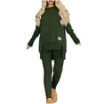 thumbnail image 1 of Miluxas Women 2 Piece Outfits Solid Color Casual Long Sleeve Irregular Hem Slit Top Pant Set Dressy Pantsuits Army Green 4(S), 1 of 7