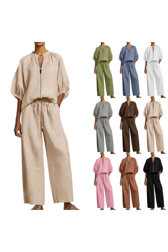Women 2 Piece Sweat Sets Casual Relaxed Fit Tracksuit Textured Half Sleeve Full Zip Jackets and Wide Leg Pants Workout Sets White