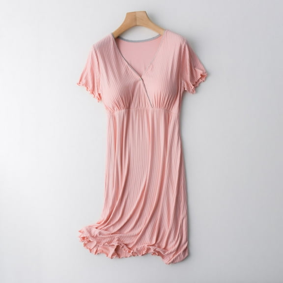 Miluxas Women 3 in 1 Delivery/Labor/Maternity/Nursing Nightgown Short Sleeve Pleated Breastfeeding Sleep Dress Pink 8(L)
