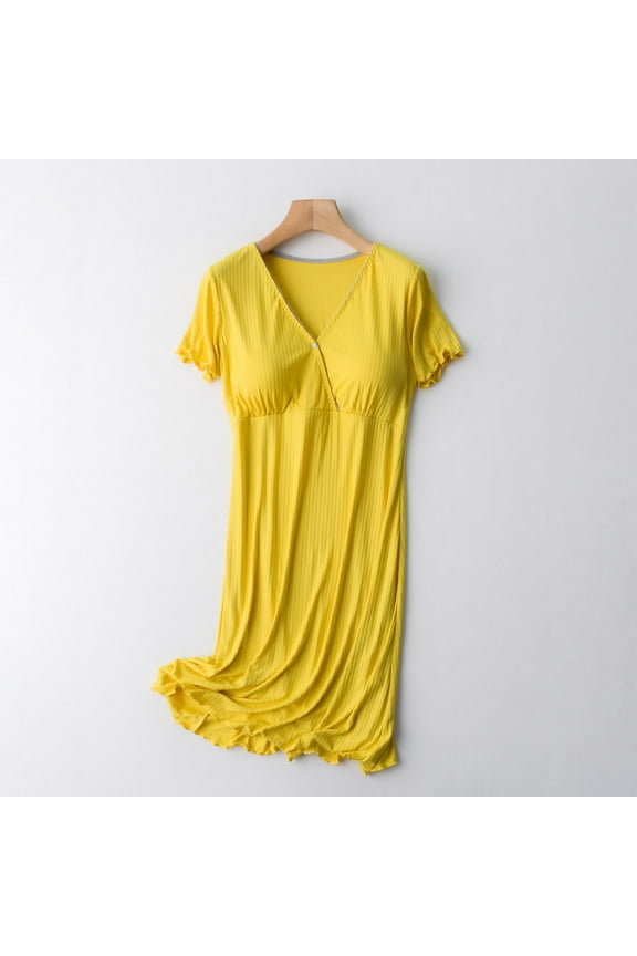 Women 3 in 1 Delivery/Labor/Maternity/Nursing Nightgown Short Sleeve Pleated Breastfeeding Sleep Dress Yellow 10(XL)
