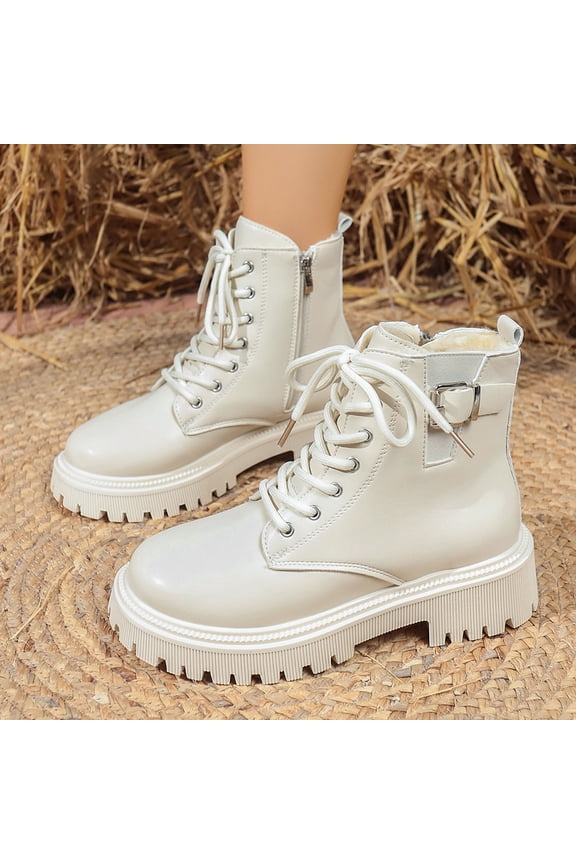 Women Ankle Booties Buckle Strap Boots Low Heel Non-slip Bootie Round Toe Motorcycle Combat Boot White 8.5(41)