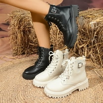Miluxas Women Ankle Booties Buckle Strap Boots Low Heel Non-slip Bootie Round Toe Motorcycle Combat Boot White 9(42)